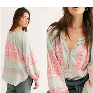Free People Persuasion embroidered Crochet Folk Cross Stitch Blouse Top $128 New